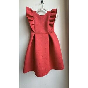 Ted Baker Girls Red Scuba Monogram Dress Flounce Sleeve Size 11 Years